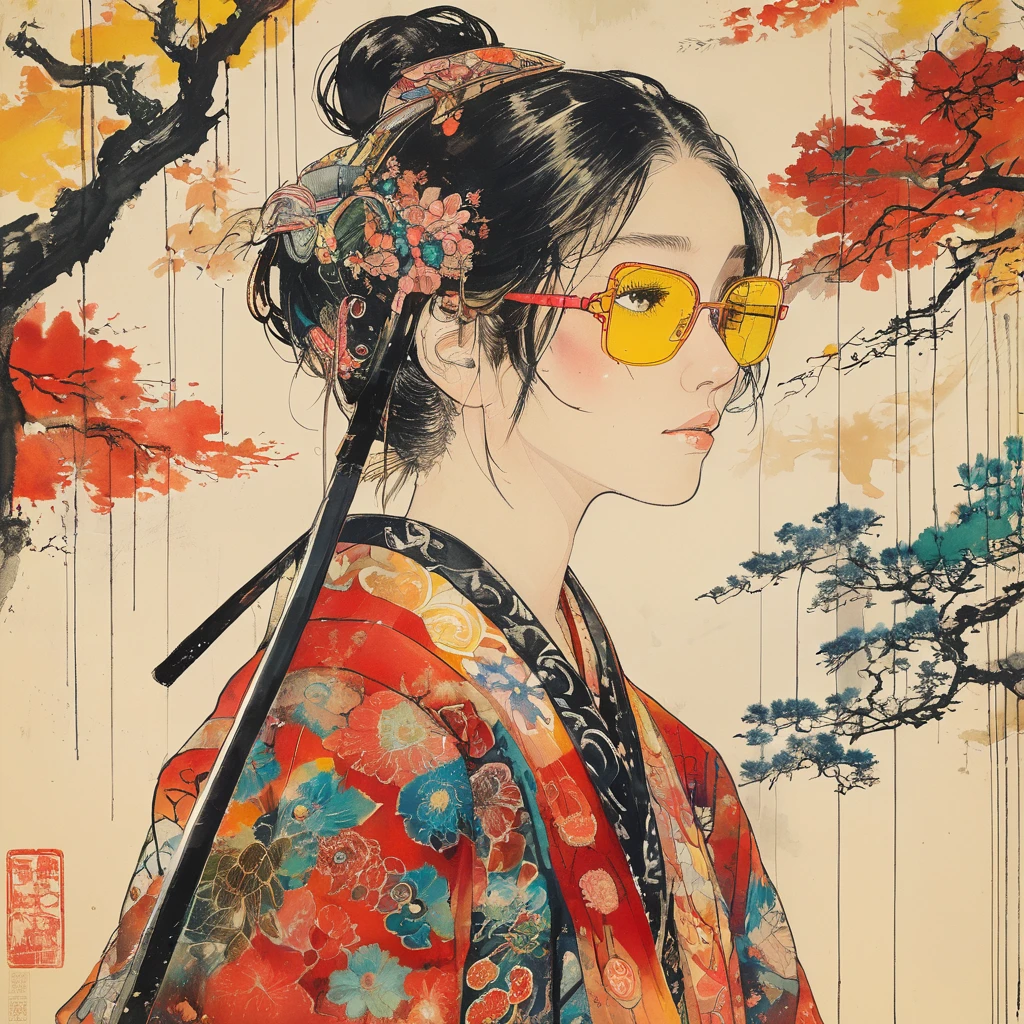 On a bright red campus"YES"Character、 A vibrant and colorful illustration of an anime-style female samurai character with white hair, holding her sword in front of her face. She is wearing traditional Japanese adorned with floral patterns, a backdrop filled with colorful patterns representing ancient symbols and floral motifs. The background is richly detailed with geometric shapes that add depth to their figure's presence., creating a whimsical atmosphere. The background features bold colors and intricate designs that add to the overall visual appeal. This artwork showcases vivid hues, intricate details on both attire and armor, capturing movement as she walks forward in the style of intricate details on both attire and armor, capturing movement as she walks forward. (((yellow glasses:1.3))), headphone, short hair, blunt bangs,Please turn the provided image into a painting keeping the same agape face features and realistic likeness and with the following characteristics: Art Style: Flowing Picasso style. Colors: Vibrant and dynamic, using bold and contrasting colors like the photo Details: Emphasize abstract shapes and flowing lines to capture the essence of her features. Mood: Artistic and expressive, with a surreal and imaginative touch. Background: Complementary to the Picasso style, potentially with abstract elements or patterns. Note: The final image should creatively reinterpret her likeness in a way that feels both unique and artistic, reminiscent of Picasso's distinctive and abstract painting style.