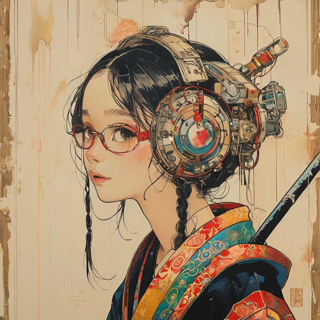 On a bright red campus"YES"Character、 A vibrant and colorful illustration of an anime-style female samurai character with white hair, holding her sword in front of her face. She is wearing traditional Japanese adorned with floral patterns, a backdrop filled with colorful patterns representing ancient symbols and floral motifs. The background is richly detailed with geometric shapes that add depth to their figure's presence., creating a whimsical atmosphere. The background features bold colors and intricate designs that add to the overall visual appeal. This artwork showcases vivid hues, intricate details on both attire and armor, capturing movement as she walks forward in the style of intricate details on both attire and armor, capturing movement as she walks forward. (((yellow glasses:1.3))), headphone, short hair, blunt bangs,Please turn the provided image into a painting keeping the same agape face features and realistic likeness and with the following characteristics: Art Style: Flowing Picasso style. Colors: Vibrant and dynamic, using bold and contrasting colors like the photo Details: Emphasize abstract shapes and flowing lines to capture the essence of her features. Mood: Artistic and expressive, with a surreal and imaginative touch. Background: Complementary to the Picasso style, potentially with abstract elements or patterns. Note: The final image should creatively reinterpret her likeness in a way that feels both unique and artistic, reminiscent of Picasso's distinctive and abstract painting style.