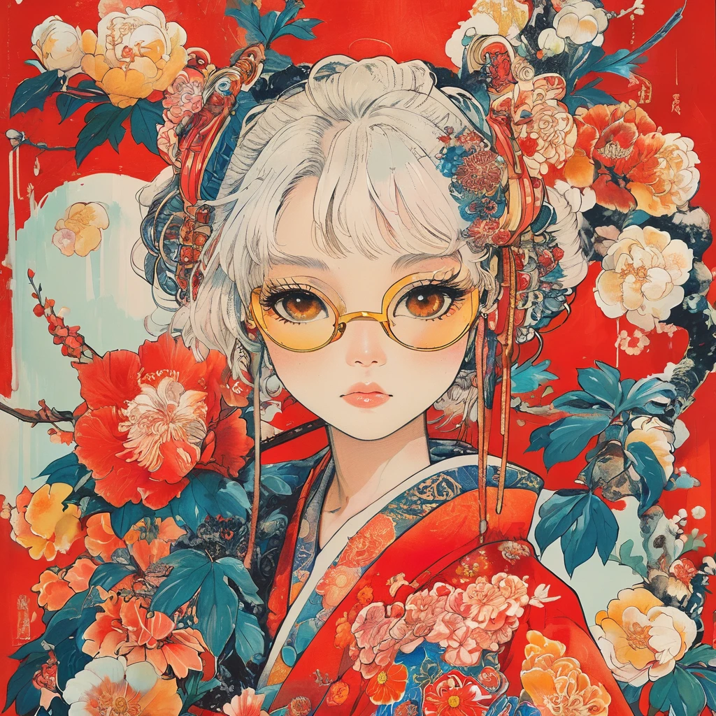 On a bright red campus"YES"Character、 A vibrant and colorful illustration of an anime-style female samurai character with white hair, holding her sword in front of her face. She is wearing traditional Japanese adorned with floral patterns, a backdrop filled with colorful patterns representing ancient symbols and floral motifs. The background is richly detailed with geometric shapes that add depth to their figure's presence., creating a whimsical atmosphere. The background features bold colors and intricate designs that add to the overall visual appeal. This artwork showcases vivid hues, intricate details on both attire and armor, capturing movement as she walks forward in the style of intricate details on both attire and armor, capturing movement as she walks forward. (((yellow glasses:1.3))), headphone, short hair, blunt bangs,Please turn the provided image into a painting keeping the same agape face features and realistic likeness and with the following characteristics: Art Style: Flowing Picasso style. Colors: Vibrant and dynamic, using bold and contrasting colors like the photo Details: Emphasize abstract shapes and flowing lines to capture the essence of her features. Mood: Artistic and expressive, with a surreal and imaginative touch. Background: Complementary to the Picasso style, potentially with abstract elements or patterns. Note: The final image should creatively reinterpret her likeness in a way that feels both unique and artistic, reminiscent of Picasso's distinctive and abstract painting style.