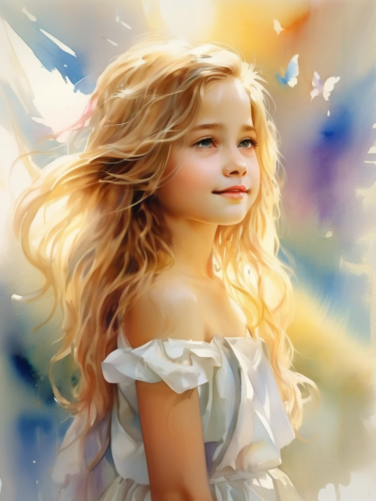 (((Watercolor)))1 Angel girl facing forward, Beautiful wings on the back、Blonde, Long Hair, alone、smile、magic, Strapless White Dress、Hopeful Face、Rainbow behind