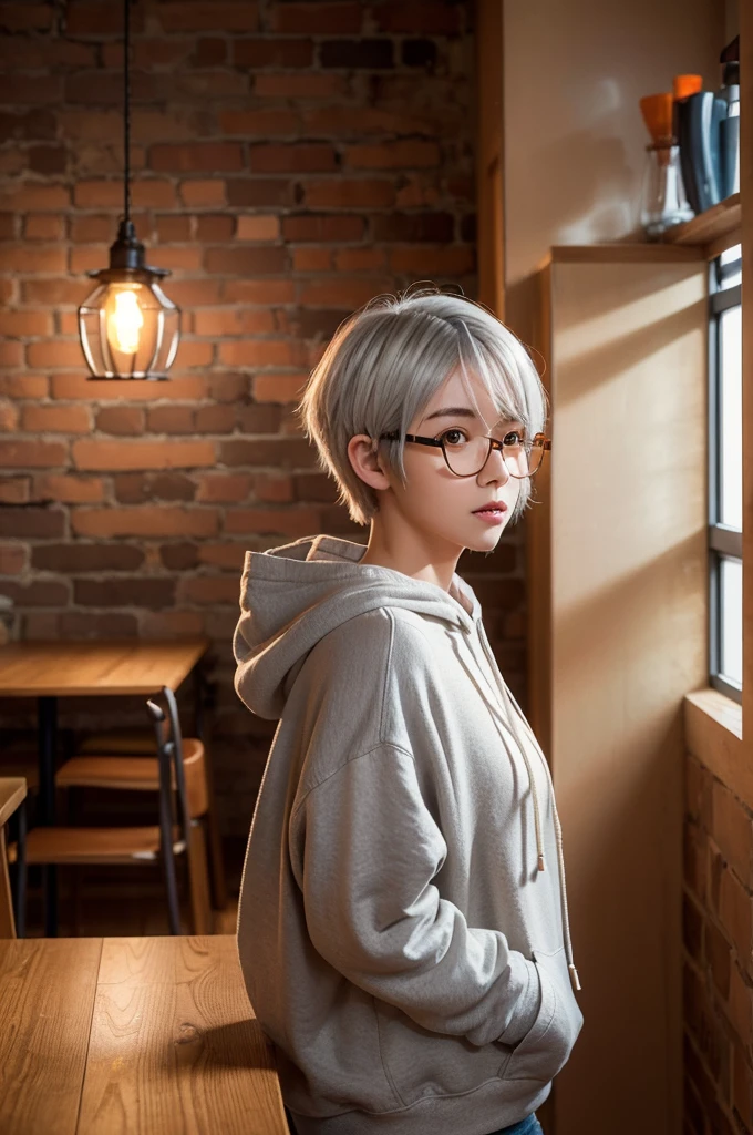 3D rendering illustration, anime style, young woman with short white hair, orange glasses, gray hoodie, using smartphone, cozy cafe interior, wooden furniture, brick wall, hanging lamp, city view through the window, warm Lights, Detailed Textures, Sliced ​​Life, Urban Lifestyle, Digital Art, Pixar Style"