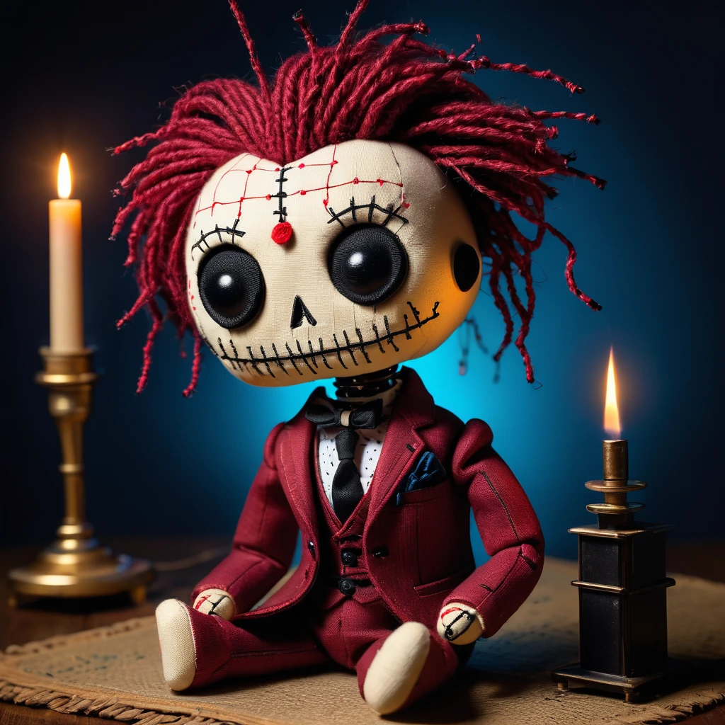 (knitted voodoo doll toy:1.5), (Voodoo stitches in the form of dots and dashes:1.9), (Clothing: 19th century formal suit:1.0), (Accessories: enchanted telegraph key emitting sparks of communication magic, floating spectral dots and dashes:1.1), (background: mystical telegraph office with floating telegraph wires, glowing Morse code symbols and spectral operators:1.2),, best quality, masterpiece, detailed soft oil painting, detailed background, dramatic cinematic lighting, soft edge lighting, professional, dramatic lighting, hard edge lighting, ultra quality, 4k, masterpiece, best quality, 8k, ultra high definition, high resolution, extremely detailed