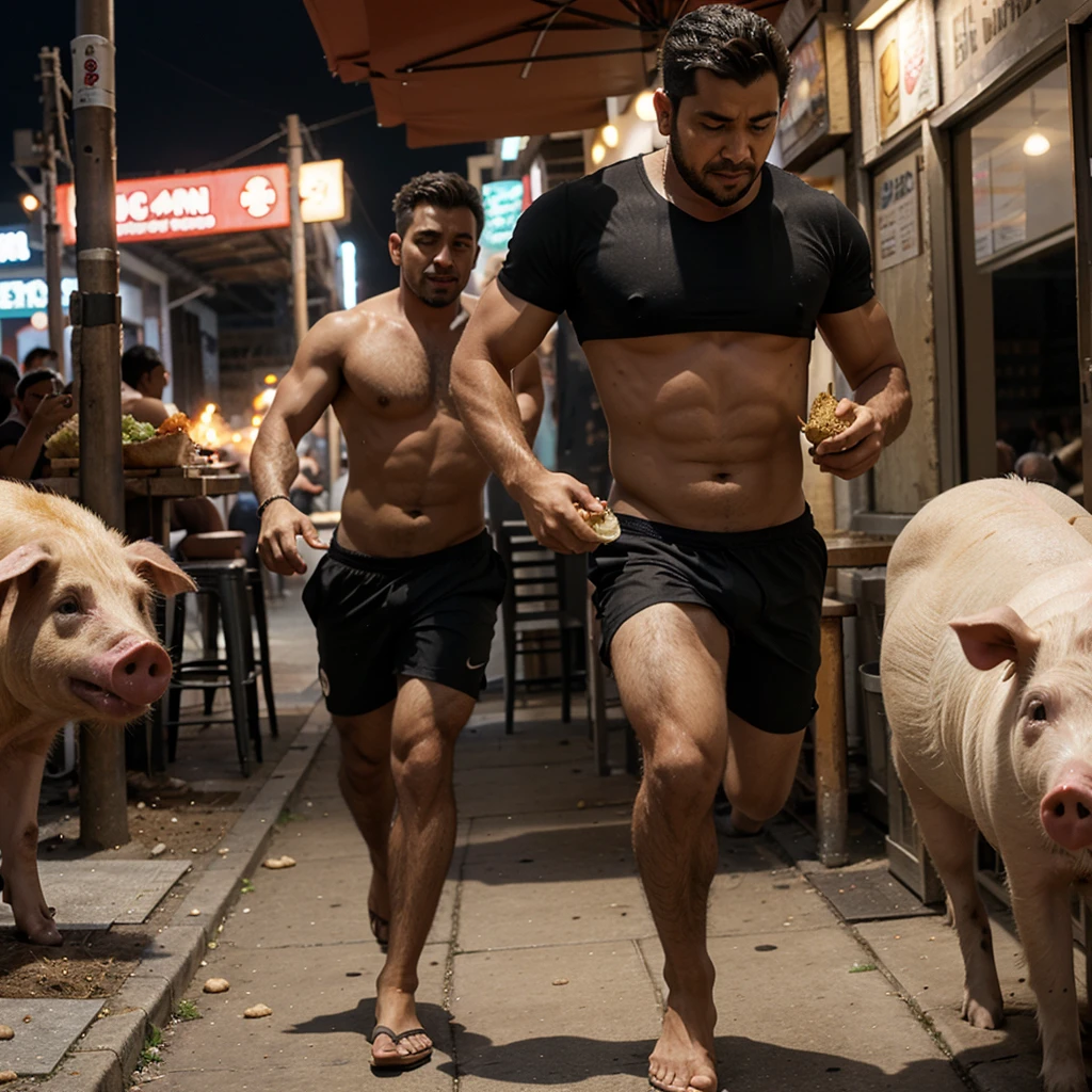 A man with shawarma in his hands runs away from a pig
