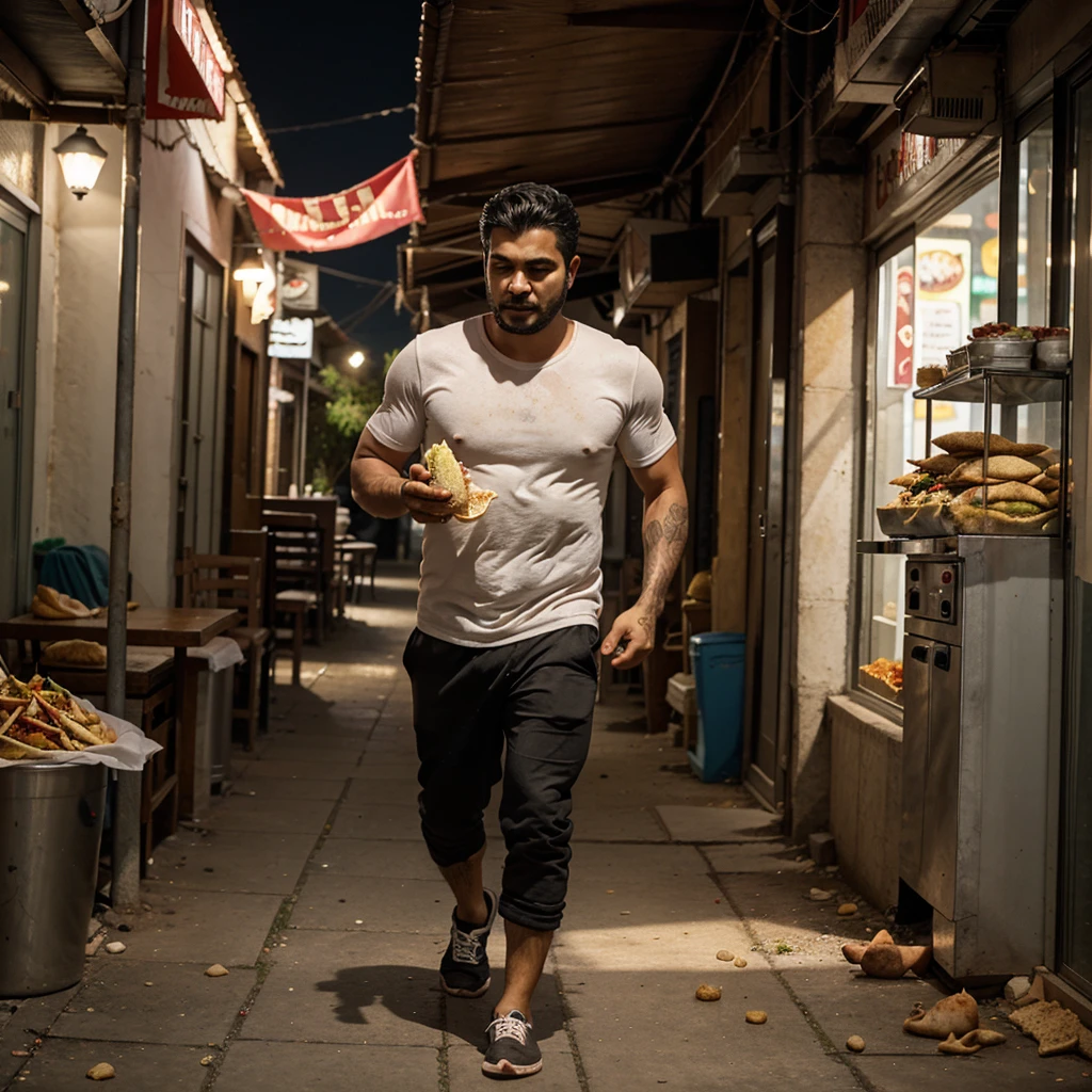 A man with shawarma in his hands runs away from a pig