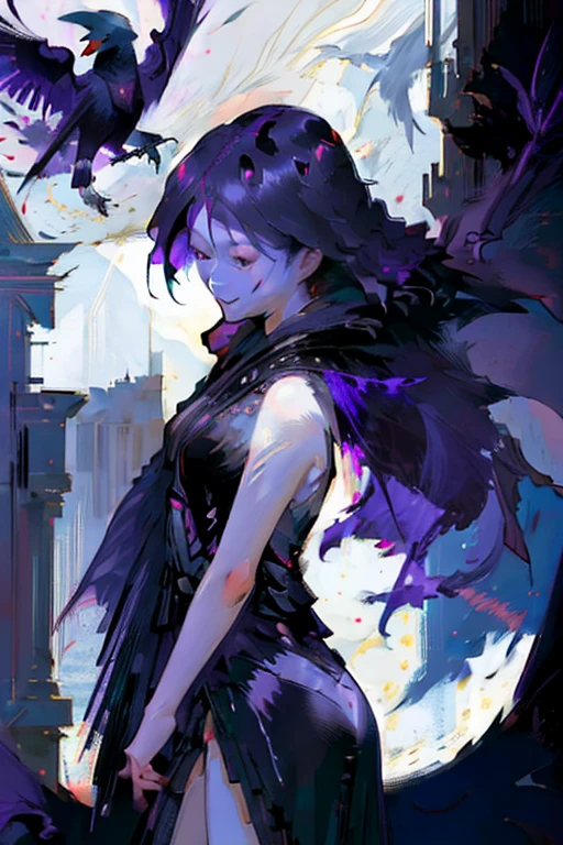 (playing with a raven:1.4).Beautiful Japanese woman, Short, beautiful figure, cute butt. elegant black dress, high heels, (smile). Masterpiece, best quality,(highly detailed:1.2),(detailed face and eyes:1.2), 8k wallpaper, natural lighting. core shadows, high contrast, bokeh.