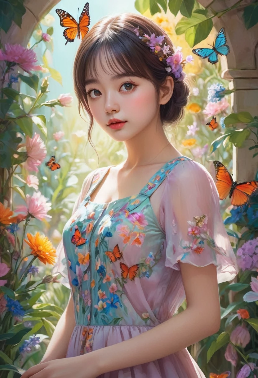 A cute young girl in a fantasy garden, detailed facial features, big eyes, long eyelashes, adorable expression, colorful floral dress, surrounded by vibrant flowers and butterflies, natural lighting, pastel color palette, 8k, high resolution, detailed painting, concept art style