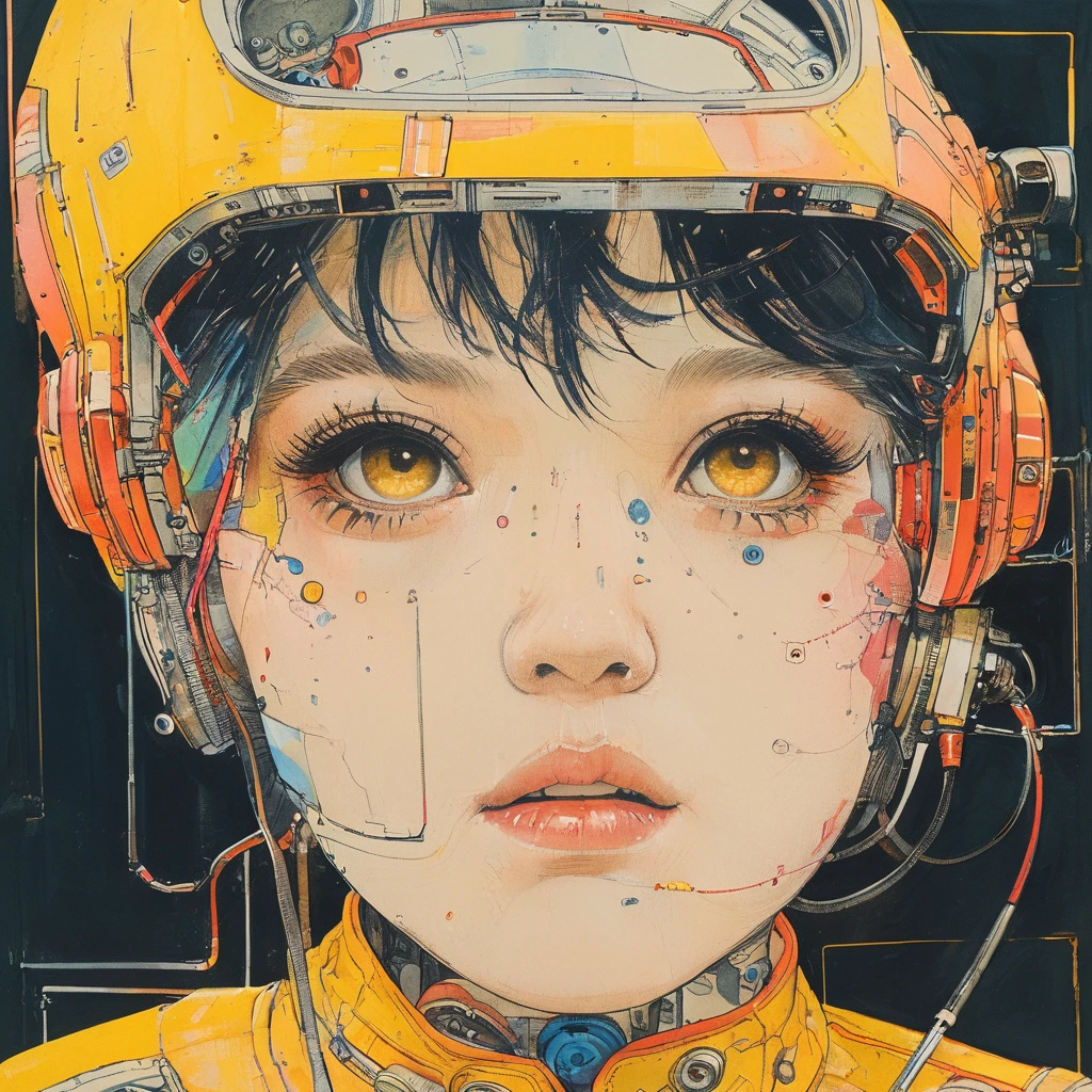 ((Best quality)), ((masterpiece)), (detailed:1.4), 3D, an image of a beautiful cyberpunk female,HDR (High Dynamic Range),Ray Tracing,NVIDIA RTX,Super-Resolution,Unreal 5,Subsurface scattering,PBR Texturing,Post-processing,Anisotropic Filtering,Depth-of-field,Maximum clarity and sharpness,Multi-layered textures,Albedo and Specular maps,Surface shading,Accurate simulation of light-material interaction,Perfect proportions,Octane Render,Two-tone lighting,Wide aperture,Low ISO,White balance,Rule of thirds,8K RAW、(((yellow glasses:1.3))), headphone, short hair, blunt bangs,Please turn the provided image into a painting keeping the same agape face features and realistic likeness and with the following characteristics: Art Style: Flowing Picasso style. Colors: Vibrant and dynamic, using bold and contrasting colors like the photo Details: Emphasize abstract shapes and flowing lines to capture the essence of her features. Mood: Artistic and expressive, with a surreal and imaginative touch. Background: Complementary to the Picasso style, potentially with abstract elements or patterns. Note: The final image should creatively reinterpret her likeness in a way that feels both unique and artistic, reminiscent of Picasso's distinctive and abstract painting style.