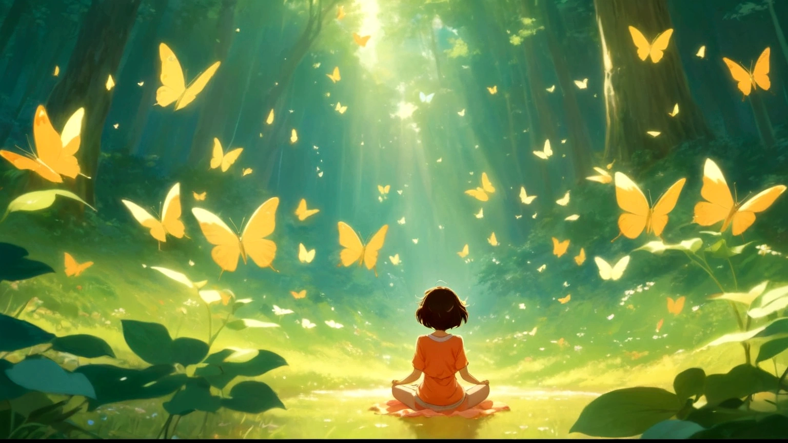 There is a girl sitting in the middle of the forest,There are butterflies flying around, Anime beautiful peaceful scene, Artigaylan 8K, Makoto Shinkai Cyril Rolando, anime lush john 8k woods, Relaxation concept art, Beautiful anime scene, Today’s recommended anime is still, Animation movie stills, Fantasy psychedelic anime, High quality animation movie stills