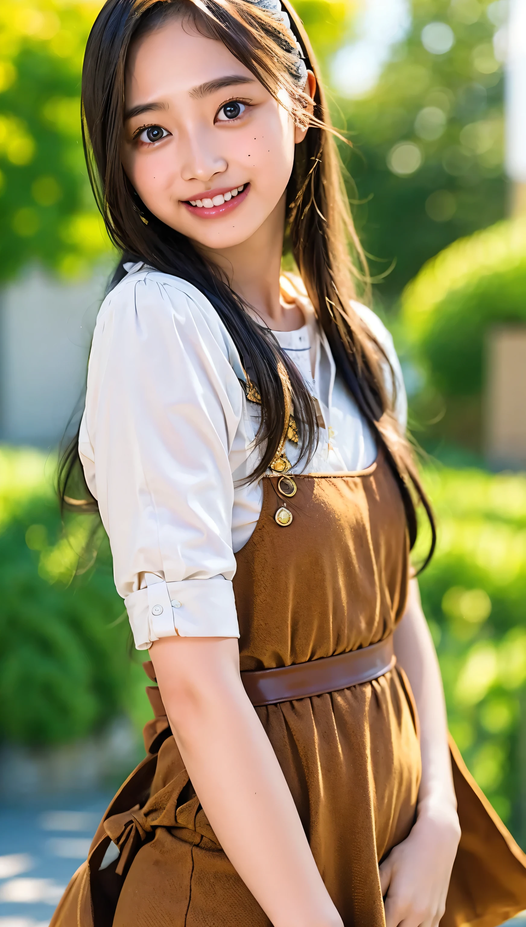 (cowboy shot),Ultra-high resolution,big eyes,(brown eyes),Japanese,(forehead),(a girl),(1 girl),((************)),((cute)),pretty,((facing at viewer)),arms behind back,grin,outdoor