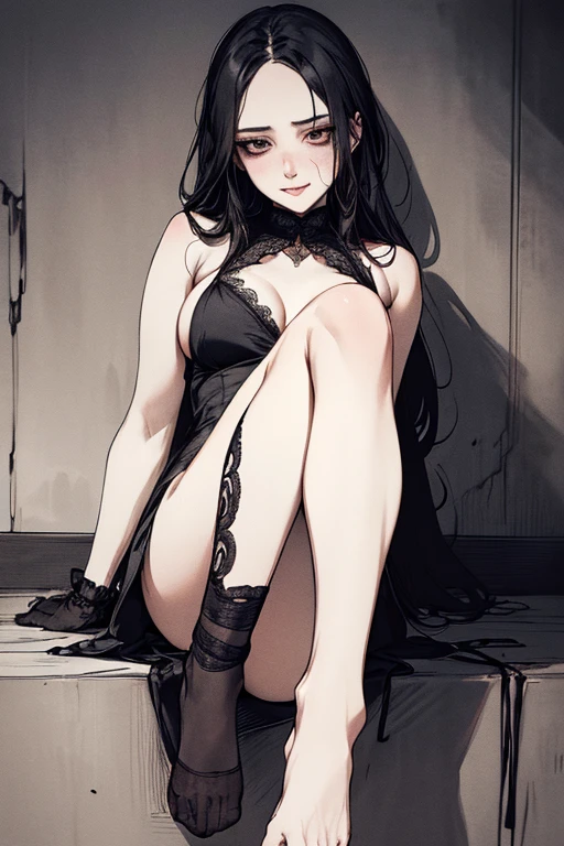 Anatomically Correct, Best Quality, (Background Detail), Looking Down, Slip, High Contrast, Super Beautiful Girl, Fine Detail Original Illustration, Sensual, Delicate Face, Charming, Bad Girl, Sexy, Looking At Camera, Real Breasts, Crazy Smile, Crazy Eyes, Condescending Gaze, Pale, Bloody, Black Hair, Yandere, Mine-like Description: ta, Beautiful line drawing, Beautiful line drawing of foot stomping, Perspective of person being foot stomped