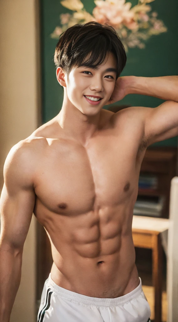 ((masterpiece)), ((best quality)), ((high resolution)), ((Detailed background)), ((Extremely detailed CG unified 8k wallpaper)), alone, Young boy, black hair ,bang hair ,Smile , thin waist, 6-pack abs,sexly胸肌,sexly, Thin stature, Wear jockstrap or thong , detailed body, In the room, The perspective is viewed from the bottom up ,