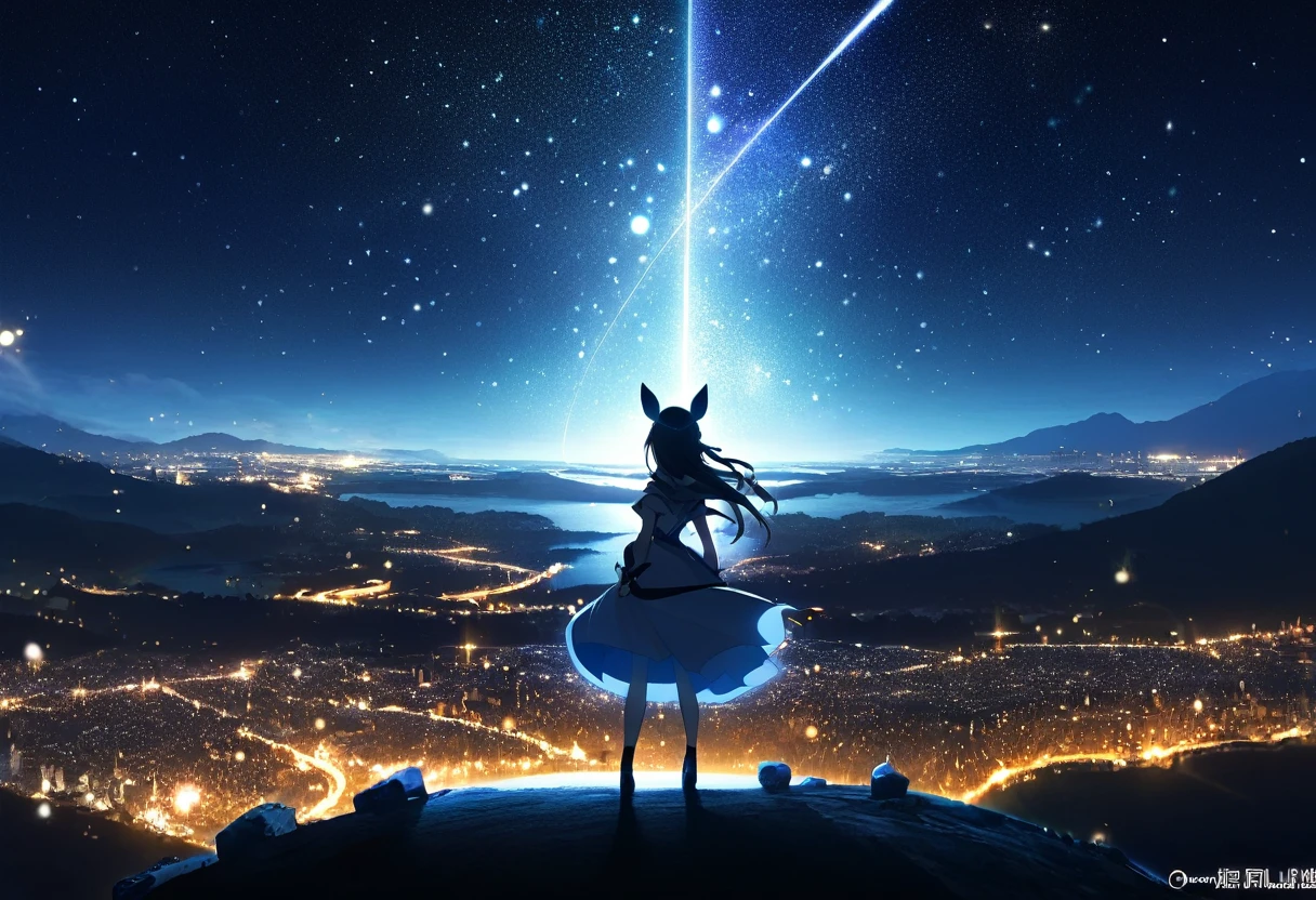 (((zoom out))),8k,((Highest quality)),((high-res)),((shot from behind)),night,She stands front of a magical world ,thank you!