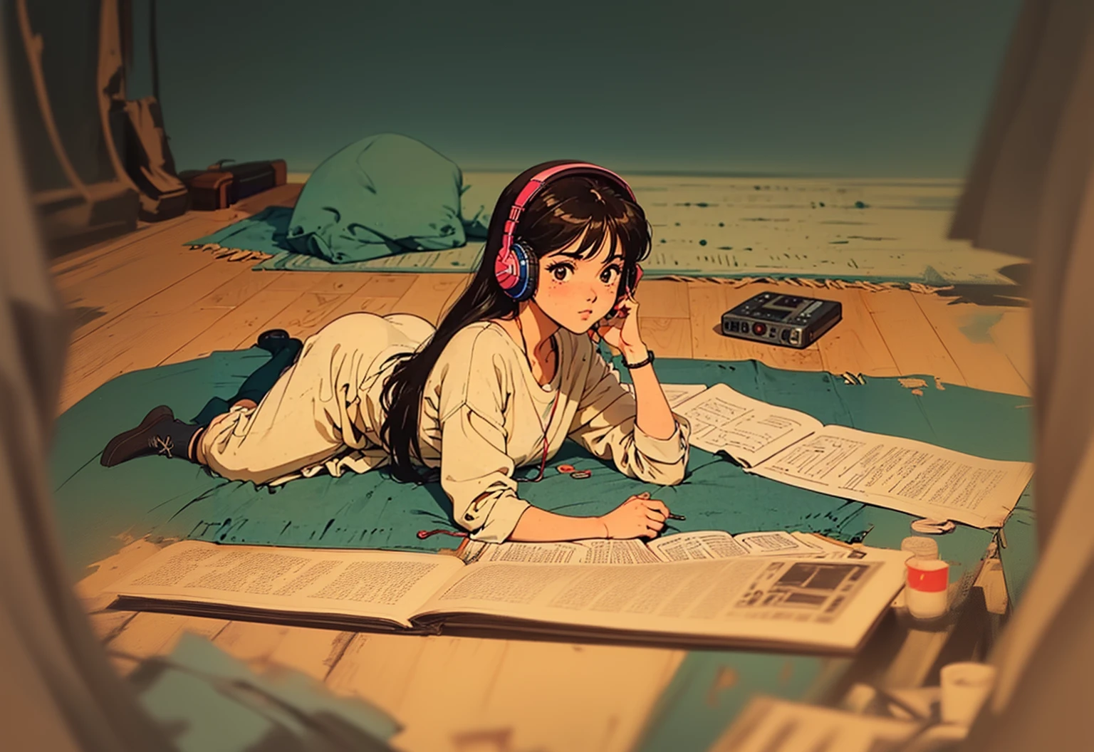 Anime girl lying on the floor with headphones on and reading a book, Lo-fi Girl, Anime atmosphere, Retro Anime Girls, 80年代のAnime atmosphere, Lofi Artstyle, Lo-fi Girl aesthetic, Lofi Art, Anime Aesthetics, Retro Anime Images, Cool vibes, Lo-fi feeling, Cool vibe, Anime Style 4k, Lo-fi hip hop