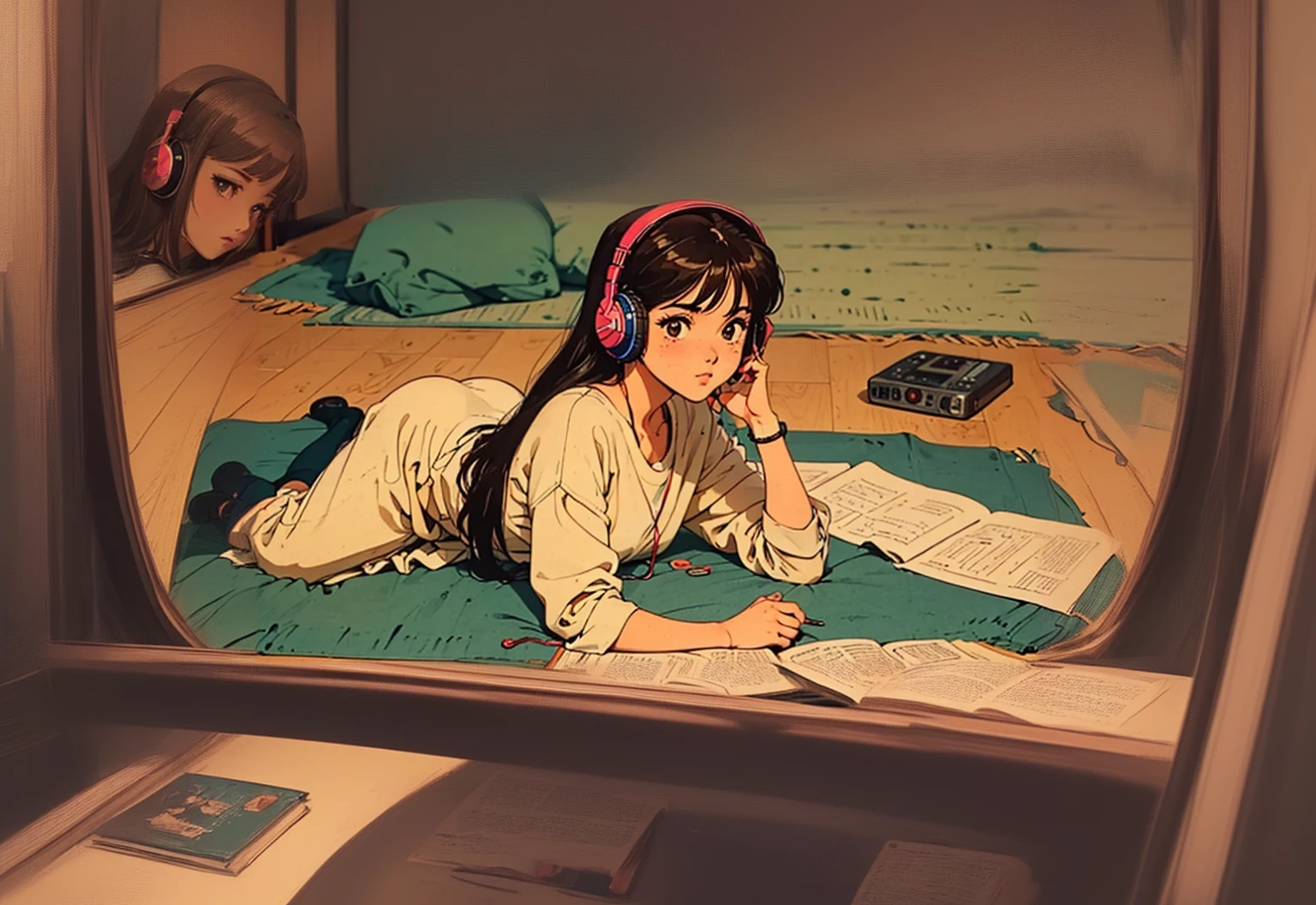 Anime girl lying on the floor with headphones on and reading a book, Lo-fi Girl, Anime atmosphere, Retro Anime Girls, 80年代のAnime atmosphere, Lofi Artstyle, Lo-fi Girl aesthetic, Lofi Art, Anime Aesthetics, Retro Anime Images, Cool vibes, Lo-fi feeling, Cool vibe, Anime Style 4k, Lo-fi hip hop