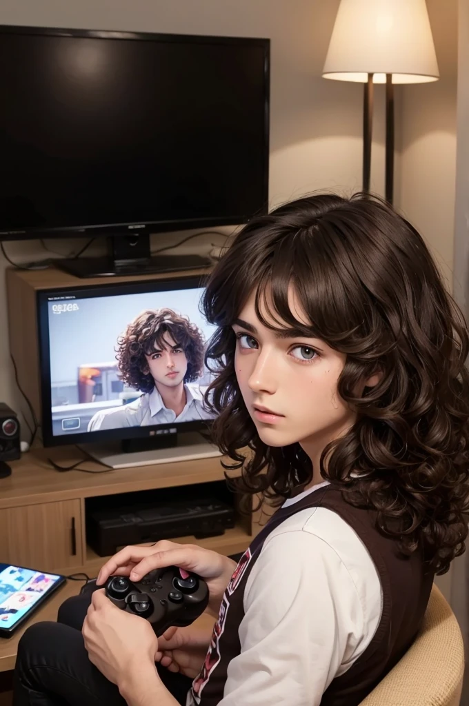 Anime male brunette with curly hair, eyes browns, playing video games in a room