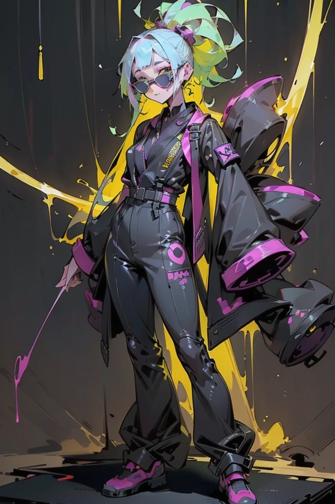 Workwear jumpsuit、Costume with glowing linesを着た女性, cyber punk, Punk Rock, Mosh Pit, (Highest quality,4K,8K,High resolution,masterpiece:1.2),Live Stage、Costume with glowing lines、Large sunglasses,Punkish hairstyle、Full body portrait