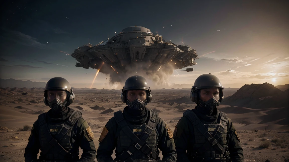 The first frame presents an impressive panorama of a distant world, enveloped in the boundless expanses of space.. planet, devastated by war, represents a gloomy landscape - smoky sky., Desert Terrain, and the remains of destroyed buildings, weaving a story of devastation. С Unreal Engine, We continue, providing hyper-realistic visual effects. Camera pans in, offering a closer look at a group of soldiers ready for battle, fully closed futuristic helmets, yellow night visionon eyes, gasmask, turtleneck. Dressed in full military gear, the group is united, preparing for an alien threat invasion. They form a fortified line, tell me one