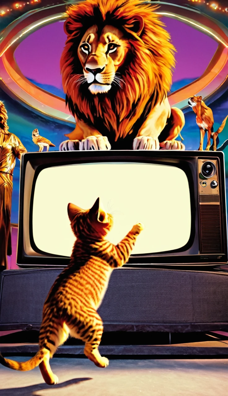 A kitten threatening a male lion on a large TV set.