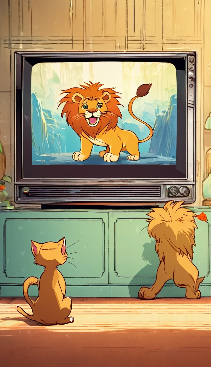 A kitten threatening a male lion on a large TV set.