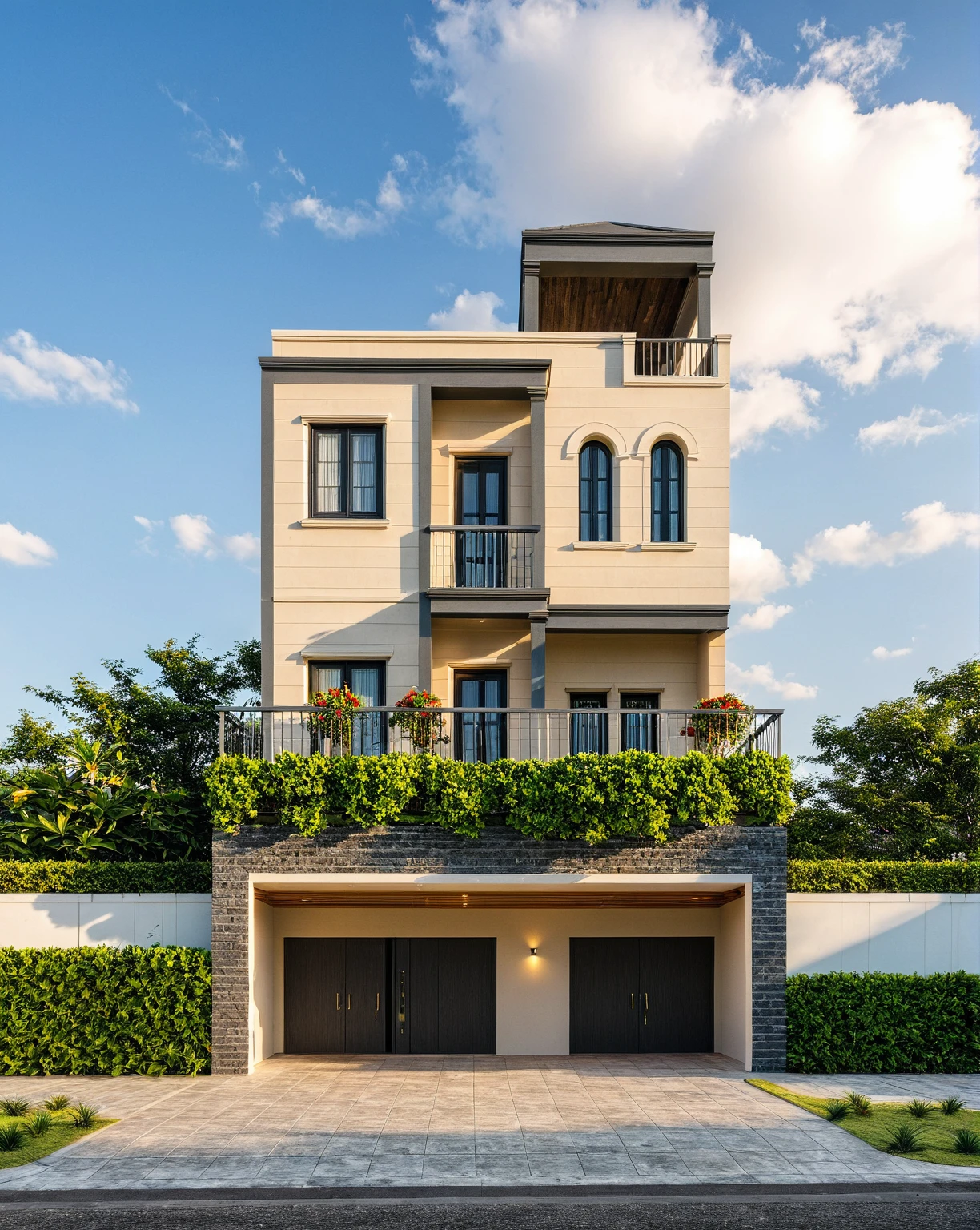 Masterpiece, high quality, best quality, authentic, super detail, outdoors, onestoreyvillaXL, aiaigroup, house style modern on the street ,, ,road,pavement, trees, sky, cloud, (daylight:1.1)