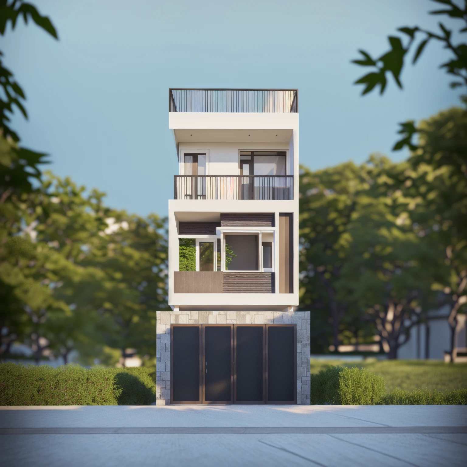 KTHOUSE PLATFORM, 1 murder villa, 1 big courtyard, 1 road passes in front of the house, (Raw photo, Real, best quality, masterpiece: 1.2), look modern and minimalist, 1 road in front home, dynamic lighting:1.3, (hyper Realistic, photo-Realistic:1.2), high quality, (dark lighting:1.2), perfect lighting, archdaily, no human, light at noon, light in the door: 1.2