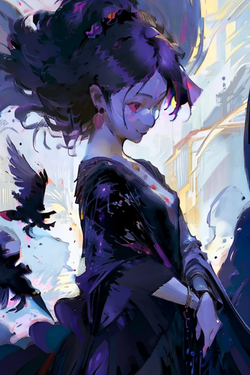 (playing with a raven:1.4).Beautiful Japanese woman, Short, beautiful figure, cute butt. elegant black dress, high heels, (smile). Masterpiece, best quality,(highly detailed:1.2),(detailed face and eyes:1.2), 8k wallpaper, natural lighting. core shadows, high contrast, bokeh.