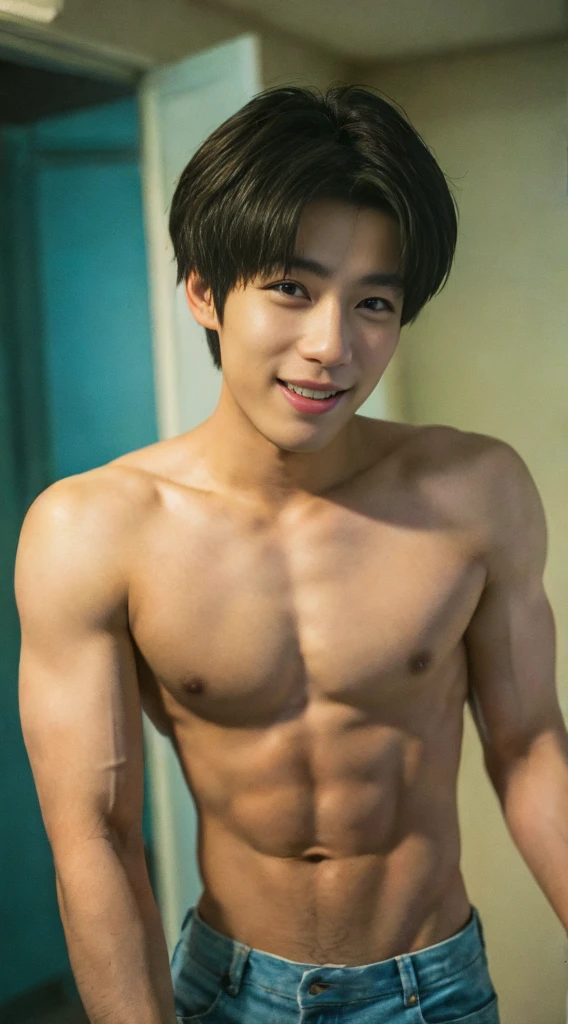 ((masterpiece)), ((best quality)), ((high resolution)), ((Detailed background)), ((Extremely detailed CG unified 8k wallpaper)), alone, Young boy, black hair ,short hair ,Smile , thin waist, 6-pack abs,sexly胸肌,sexly, Thin stature, Wear jockstrap or thong , detailed body, In the room, The perspective is viewed from the bottom up ,