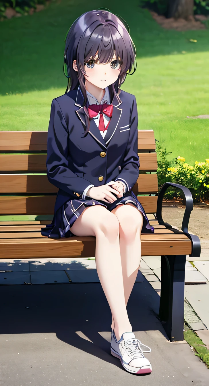 high quality, masterpiece, High resolution, (Head to Toe full body), front, frontComposition from slightly below, Symmetric, Tall 18 year old girl, alone, (Head to Toe), (Small breasts), Black Hair, bangs, (sneakers),(black tights) (Sit with your legs apart), (Crouching pose), (Sit on a bench with your legs spread), (M-shaped feet),、 Thin legs, Very beautiful tall 18 year old girl, (), smile、Looking into the camera, blazer uniform, Checkered Pleated Skirt
