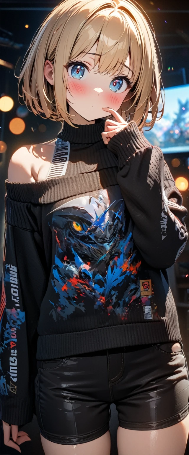 (((One girl))), blond hair, bob cut, breasts, from front, (cowboy shot), (looking at viewer), ((black shorts)), ((off-shoulder black sweater)), index finger to own mouth, arm at side, face in focus, teenager, head tilt:1.3, (((blue eye))), ((no mouth)), ((blush)), ((sleeves past wrists)), anime style, (best quality, 4k, 8k, highres, masterpiece:1.2, ultra-detailed, ultra-detailed eyes, HDR, UHD, studio lighting, ultra-fine painting, sharp focus, physically-based rendering, extreme detail description, professional, vivid colors, bokeh)