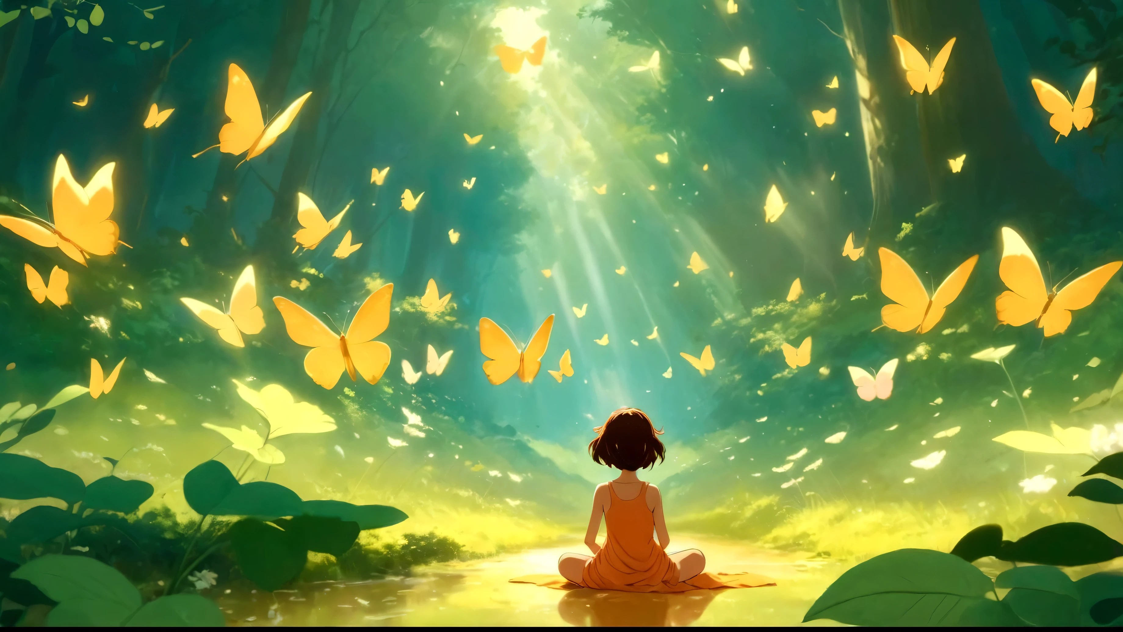 There is a girl sitting in the middle of the forest，There are butterflies flying around, Anime beautiful peaceful scene, Artigaylan 8K, Makoto Shinkai Cyril Rolando, anime lush john 8k woods, Relaxation concept art, Beautiful anime scene, Today’s recommended anime is still, Animation movie stills, Fantasy psychedelic anime, High quality animation movie stills