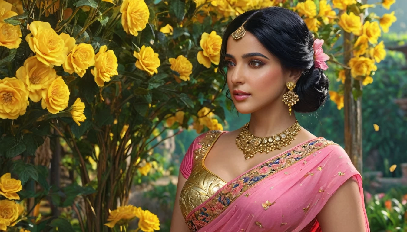 a middle east woman with black hair, beautiful detailed eyes, beautiful detailed lips, extremely detailed face, butterflies in her hair, wearing a pink saree dress with gold details, standing in a garden full of yellow, red, blue, pink flowers, ((large breasts)), (best quality,4k,8k,highres,masterpiece:1.2),ultra-detailed,(realistic,photorealistic,photo-realistic:1.37),intricate,ornate,highly detailed,hyper realistic,vivid colors,dramatic lighting,cinematic,ethereal,fantasy,elegant,beautiful,serene, (sharp focus subject)