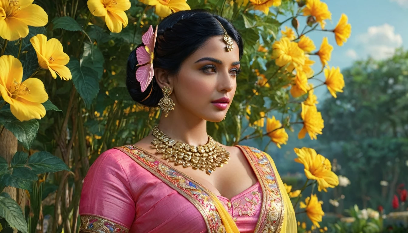 a middle east woman with black hair, beautiful detailed eyes, beautiful detailed lips, extremely detailed face, butterflies in her hair, wearing a pink saree dress with gold details, standing in a garden full of yellow, red, blue, pink flowers, ((large breasts)), (best quality,4k,8k,highres,masterpiece:1.2),ultra-detailed,(realistic,photorealistic,photo-realistic:1.37),intricate,ornate,highly detailed,hyper realistic,vivid colors,dramatic lighting,cinematic,ethereal,fantasy,elegant,beautiful,serene, (sharp focus subject)