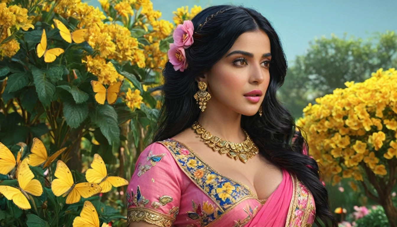 a middle east woman with black hair, beautiful detailed eyes, beautiful detailed lips, extremely detailed face, butterflies in her hair, wearing a pink saree dress with gold details, standing in a garden full of yellow, red, blue, pink flowers, ((large breasts)), (best quality,4k,8k,highres,masterpiece:1.2),ultra-detailed,(realistic,photorealistic,photo-realistic:1.37),intricate,ornate,highly detailed,hyper realistic,vivid colors,dramatic lighting,cinematic,ethereal,fantasy,elegant,beautiful,serene, (sharp focus subject)