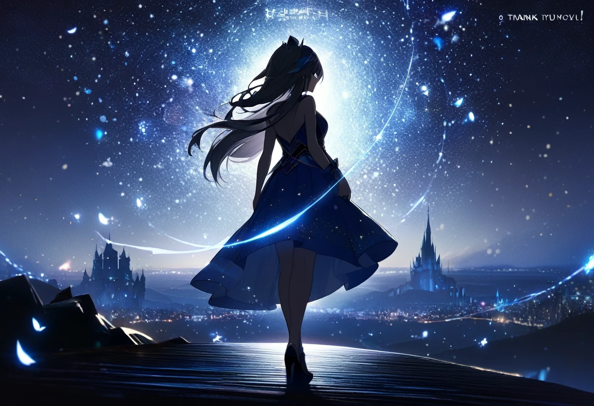 (((zoom out))),8k,((Highest quality)),((high-res)),((shot from behind)),night,She stands front of a magical world ,gritter,shiny,thank you!