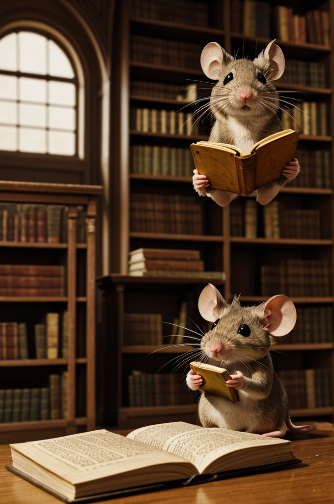 A small mouse with a book in his hand and an abandoned library as a background