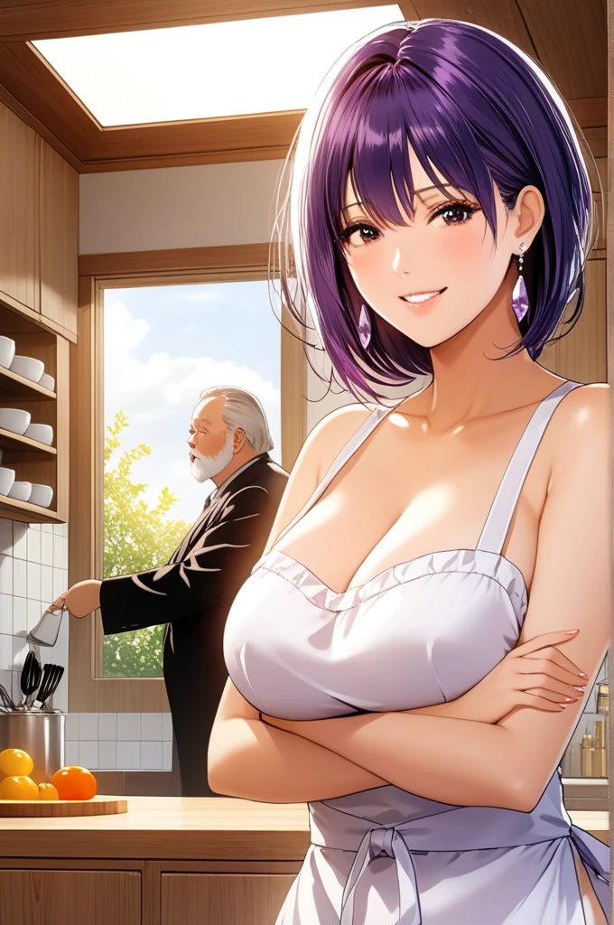 (((masterpiece))), highest quality, figure, 4k wallpaper, Cinematic Light, Absurd, One Girl hugging with fat ugly old man,Short Hair, Purple crystal hair, Shiny Hair, Bloom Hair, Look ahead、Detailed face、Detailed Background、smile、Cowboy Shot、Daytime Kitchen,huge breasts, long earrings ,naked apron ,