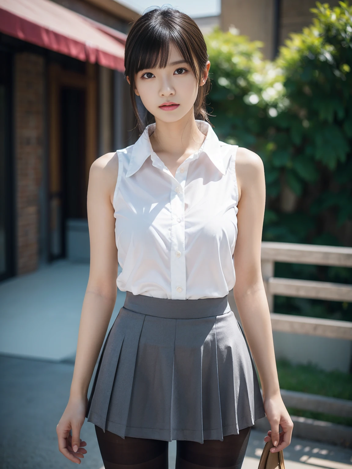 セレブFemale college student, White skirt and thighs、20age、height 162cm、、Conservative Fashion, (Wearing pantyhose,Realistic pantyhose)、Go to university、Wearing a very thin black satin sleeveless shirt, Wear high-quality high heels、Girl in a black see-through blouse, Wearing an elegant blouse, When you wear a very thin sleeveless shirt, Female college student, Sleeveless shirts and skirts, Wearing a silk sleeveless shirt, Wear a shirt and a short white skirt, 、 RAW Photos, (8K、Highest quality、masterpiece:1.2)、(Intricate details:1.4)、(Photorealistic:1.4)、Octane Rendering、Complex 3D rendering with ultra-detail, Soft studio light, Rim Light, Vivid details, Super Detail, Realistic skin textures, Face in detail, Beautiful details in the eyes, Highly detailed CG Unity 16k wallpaper, compensate, (Detailed Background:1.2), Exposed thighs!!!Raise the skirt with both hands、Panties visible through pantyhose