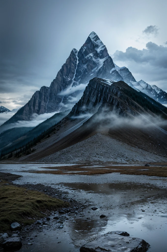 Make a 3d image of a beutiful mountain with rain and also some light's and written on it kruti 