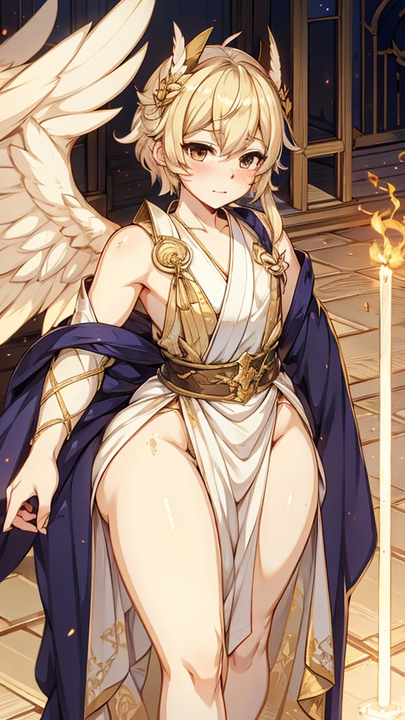 Angel男孩，Angel男孩，Blonde short hair，情趣robe，robe，高开叉robe，Western style，贵族风格robe，Angel，wing，wing，wing，wing，feather，Greek style，laurels，Close-up above the waist，Wide crotch，femboy，Fat buttocks，Big butt