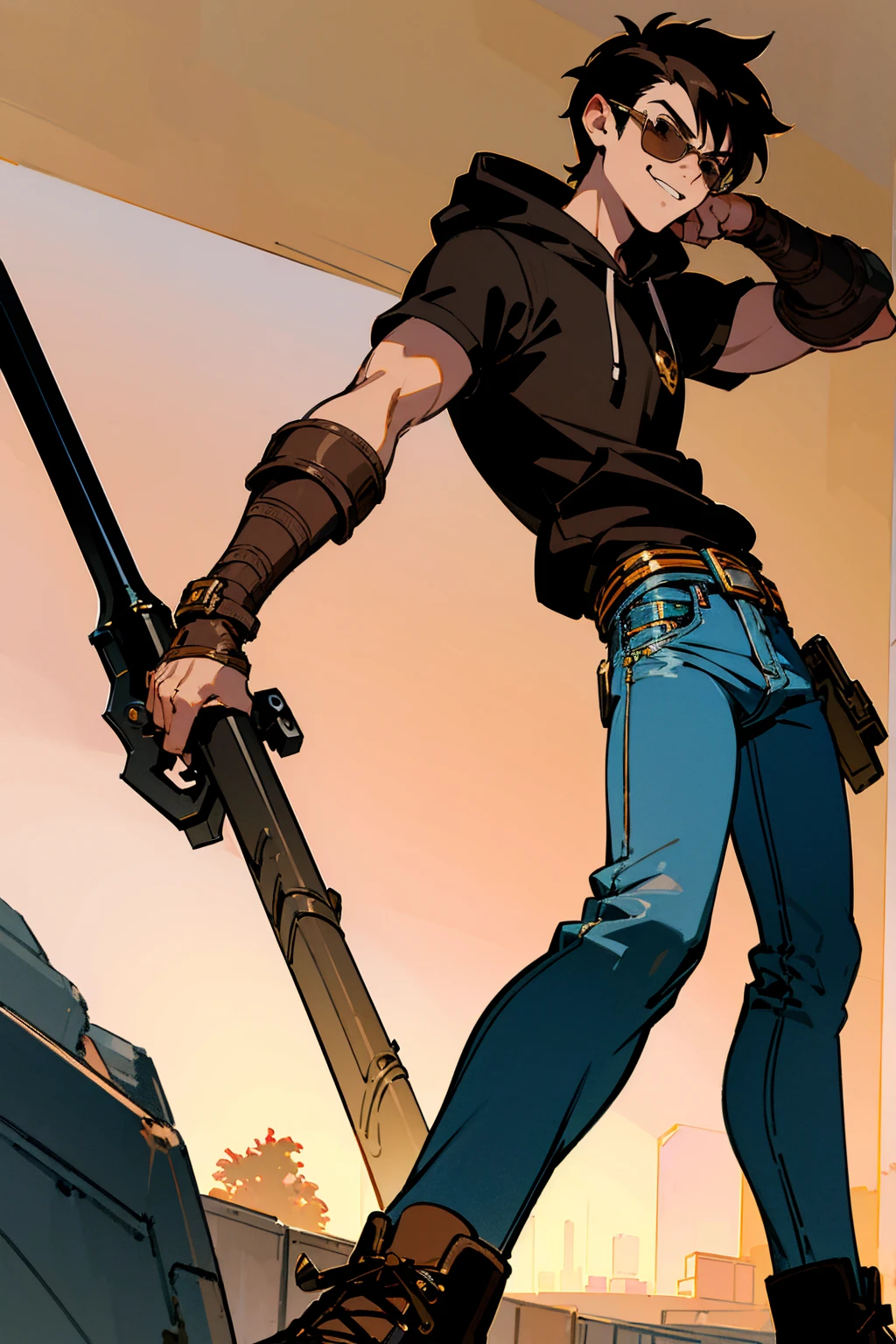 ((illustration)), (best quality)), ((masterpiece)), (detailed), ((road)), teenage, boy, dark hair, brown eyes, muscular, shirt, black hoodie, jeans, combat boots, sunglass, smirking, solo, gauntlet, day, stylish,