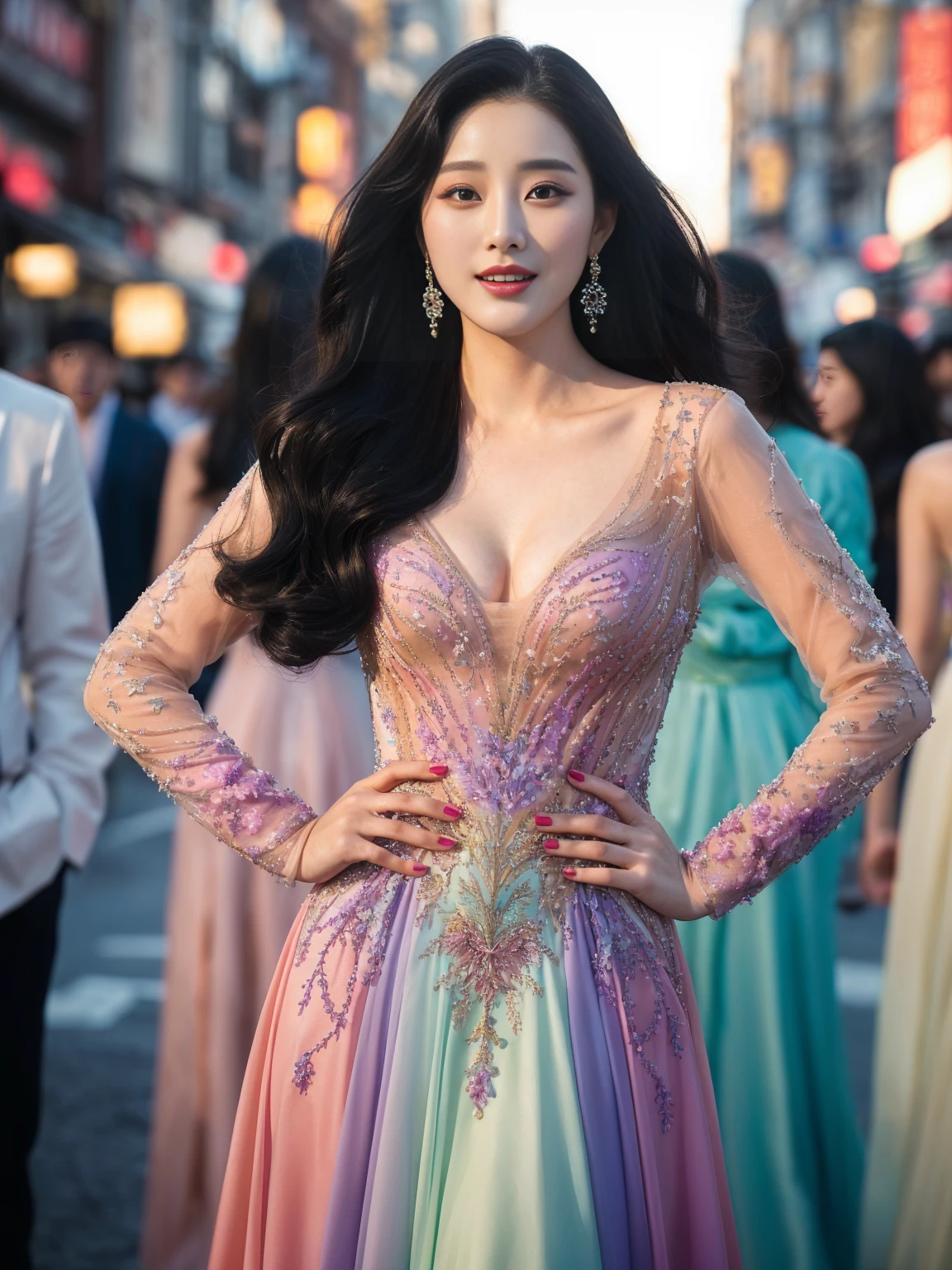 Arapé woman in colorful dress standing on a crowded street, Fan Bingbing, Li Bing Bing, resin drainage, beautiful korean girl, Korean female actresses, zenith castle, Wearing a fancy dress, chinese princess, chinese dress, Jaeyeon Nam, Wearing an evening gown, Hwang Se-on, Axiom Li, Gorgeous young Korean woman, wearing a wonderful dress