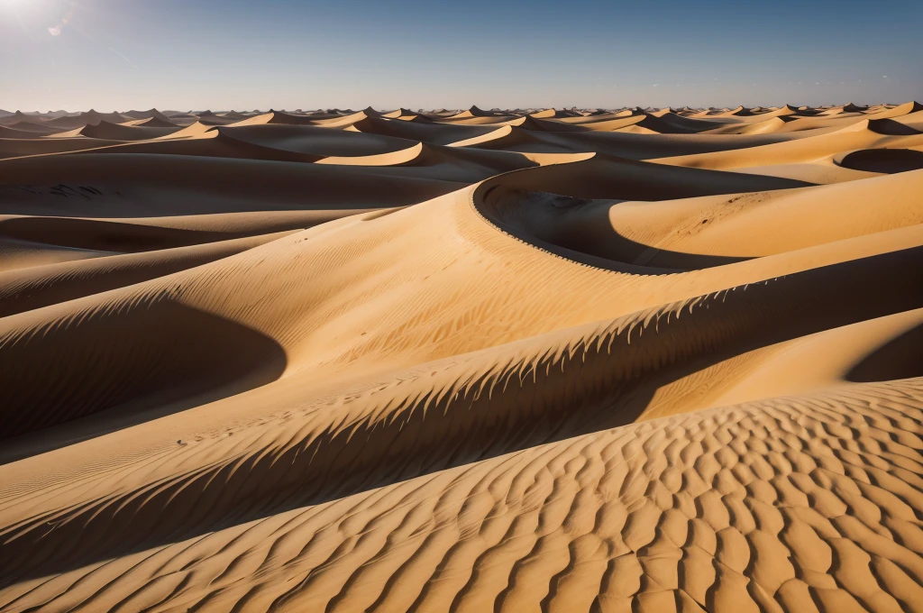 Arabian Desert: Covering much of the Arabian Peninsula, this desert includes vast areas of sand, such as the Rub' al Khali (Empty Block), one of the largest sand deserts in the world in the form of a photograph, inspired by Sebastião Salgado, the scene shows rolling dunes under a clear blue sky, a burning sun on the horizon, warm color, no human figures, intense natural light and dry atmosphere