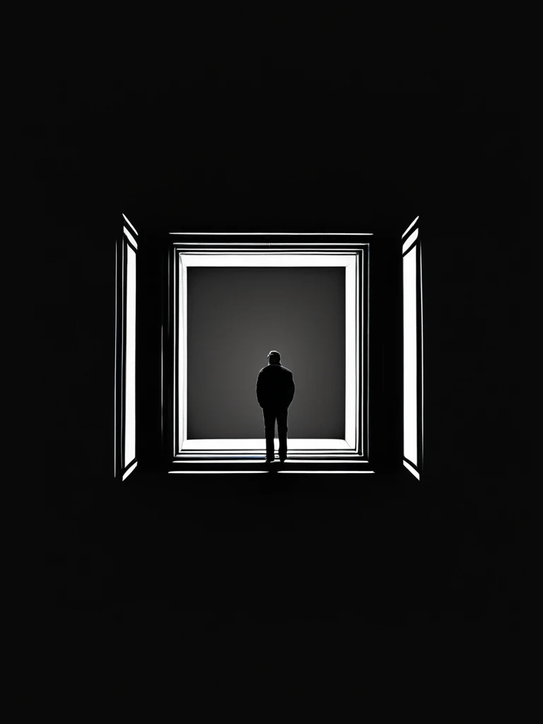 Bottom view,Pure black background,A skylight,Light and Shadow, man looking up at the skylight,Minimalism,Depressing atmosphere