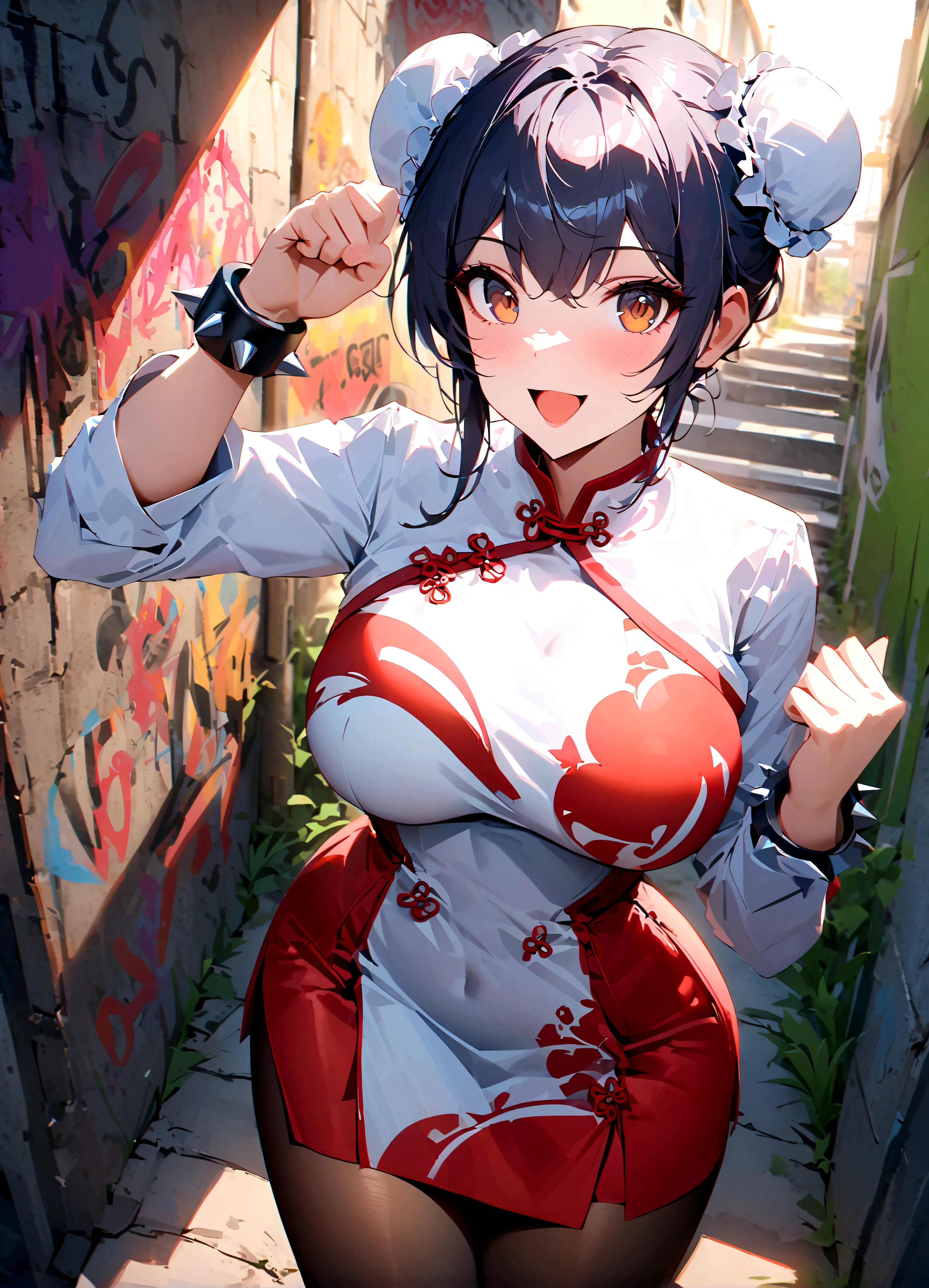Mulan in a provocative , NSFW, provocative appearance, white transparent blouse, micro skirt, vagina to see, handcuffs in hand, nipples to see, dark red lipstick, smokey eyes, stands in an alley by the street, presents herself as a whore