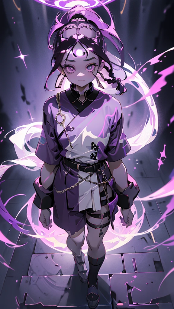 boy, thoughtful look, open forehead, black and purple hair braided into a ponytail on the left side. pale violet eyes, short dark purple shorts. Long white t-shirt. dark purple knee socks. dark purple robe with a pattern of gold circles and a white robe on the inside. dark corridor with stairs rays of light from above