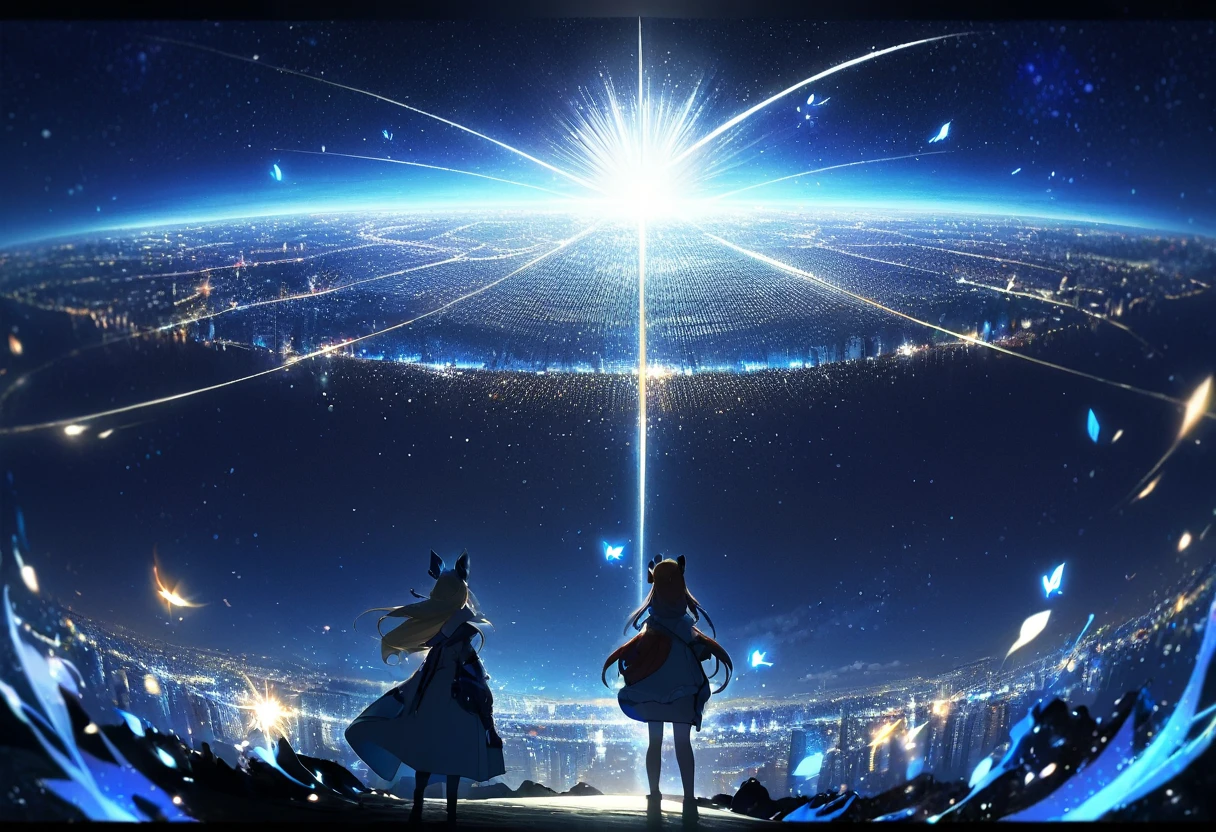 (((zoom out))),8k,((Highest quality)),((high-res)),((shot from behind)),night,She stands front of a magical world ,gritter,shiny,thank you!