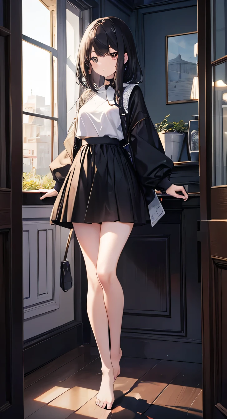 high quality, masterpiece, High resolution, (Head to Toe full body), front, frontComposition from slightly below, Symmetric, Tall 18 year old girl, alone, (Head to Toe), (Small breasts), Black Hair, bangs, (I'm not wearing shoes),(black tights) (Sit with your legs apart), (Crouching pose), (Sit on a bench with your legs spread), (M-shaped feet),、 Thin legs, Very beautiful tall 18 year old girl, (), smile、Looking into the camera, blazer uniform, Checkered Pleated Skirt