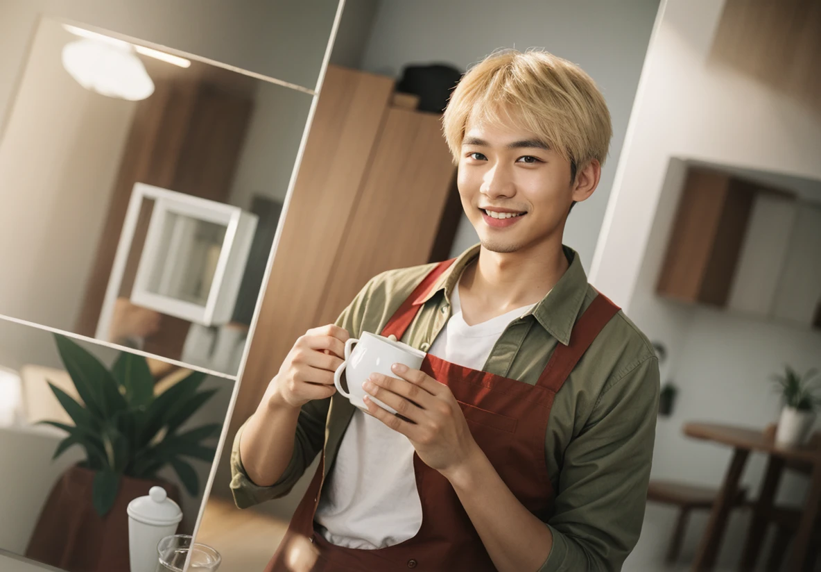 , 8k, asian boy,cutie,beautiful,young (23old)realism,photorealism,hd,4k,8hd
1boy, apron, brown eyes, blond medium hair, cup, green shirt, holding, indoors, kettle, long sleeves, looking at viewer, male focus, medium hair, mole, mole under eye, plant, potted plant, pouring, red eyes, reflection, shirt, smile, solo, star \(symbol\), teapot, upper body, white shirt, window