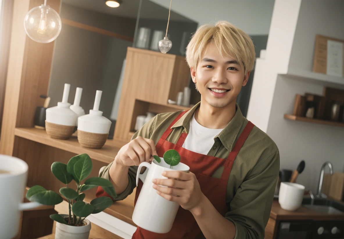, 8k, asian boy,cutie,beautiful,young (23old)realism,photorealism,hd,4k,8hd
1boy, apron, brown eyes, blond medium hair, cup, green shirt, holding, indoors, kettle, long sleeves, looking at viewer, male focus, medium hair, mole, mole under eye, plant, potted plant, pouring, red eyes, reflection, shirt, smile, solo, star \(symbol\), teapot, upper body, white shirt, window
