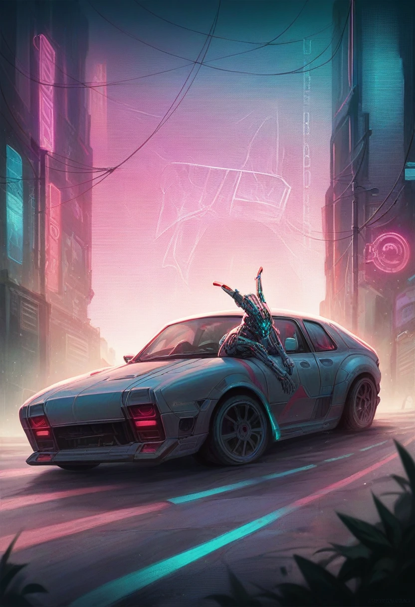 high quality, hyper detailed, highly detailed, photorealistic, 8k, 1girl, ponteika vibe, futuristic cyberpunk car, neon lights, glowing details, dynamic pose, cinematic lighting, intricate machinery, gritty industrial background, vibrant colors, moody atmosphere, advanced technology